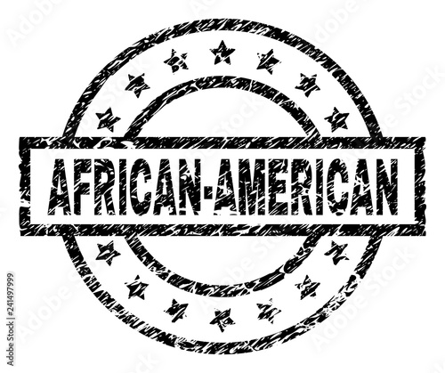 AFRICAN-AMERICAN stamp seal watermark with distress style. Designed with rectangle, circles and stars. Black vector rubber print of AFRICAN-AMERICAN text with unclean texture.