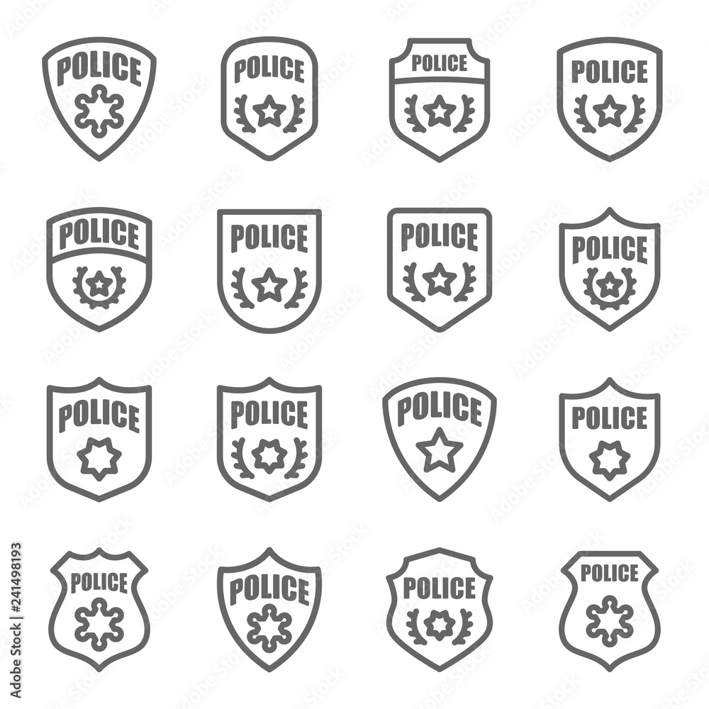 Police Badge Vector Line Icon Set. Contains such Icons as Sheriff, Military, Shield and more. Expanded Stroke