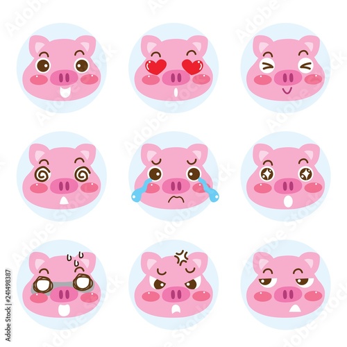 Set of cartoon emoji cute faces pig character icons. Vector illustration