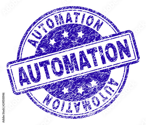 AUTOMATION stamp seal watermark with grunge texture. Designed with rounded rectangles and circles. Blue vector rubber print of AUTOMATION label with unclean texture.