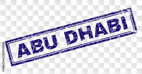 ABU DHABI stamp seal watermark with rubber print style and double framed rectangle shape. Stamp is placed on a transparent background. Blue vector rubber print of ABU DHABI label with dirty texture.