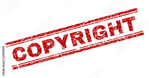 COPYRIGHT seal print with distress texture. Red vector rubber print of COPYRIGHT label with unclean texture. Text label is placed between double parallel lines.