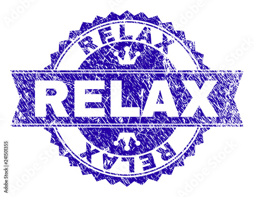 RELAX rosette seal watermark with grunge texture. Designed with round rosette, ribbon and small crowns. Blue vector rubber watermark of RELAX text with grunge style.
