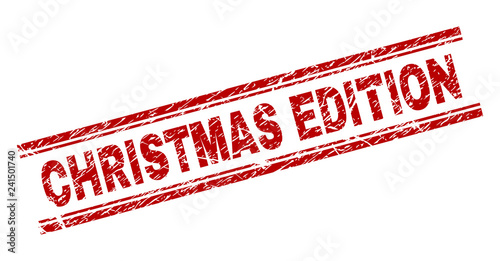 CHRISTMAS EDITION seal print with grunge effect. Red vector rubber print of CHRISTMAS EDITION tag with grunge texture. Text title is placed between double parallel lines.