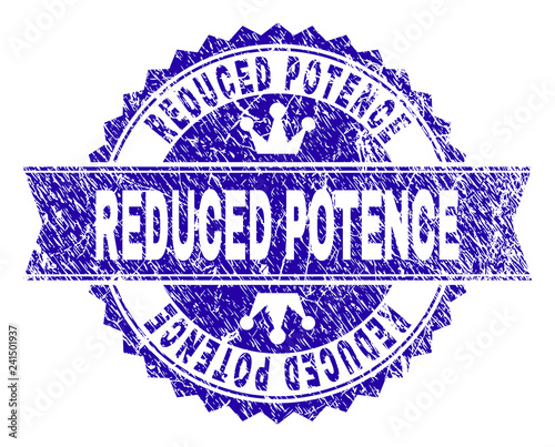 REDUCED POTENCE rosette stamp seal watermark with distress effect. Designed with round rosette, ribbon and small crowns. Blue vector rubber watermark of REDUCED POTENCE tag with unclean style.