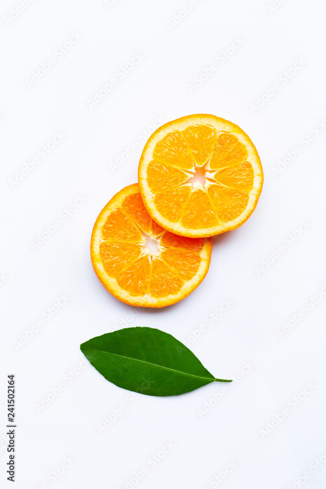 Fresh orange citrus fruit with leave on white background. Fresh orange citrus fruit with leave on white background.