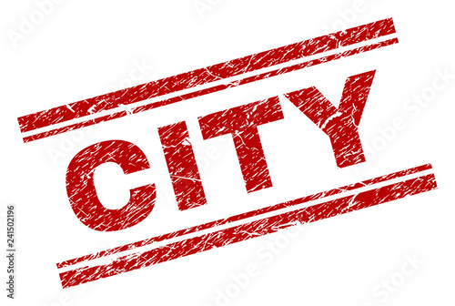 CITY seal imprint with corroded texture. Red vector rubber print of CITY text with unclean texture. Text title is placed between double parallel lines.