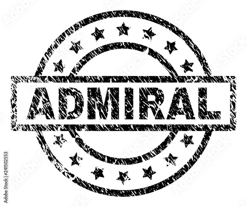 ADMIRAL stamp seal watermark with distress style. Designed with rectangle, circles and stars. Black vector rubber print of ADMIRAL title with unclean texture.