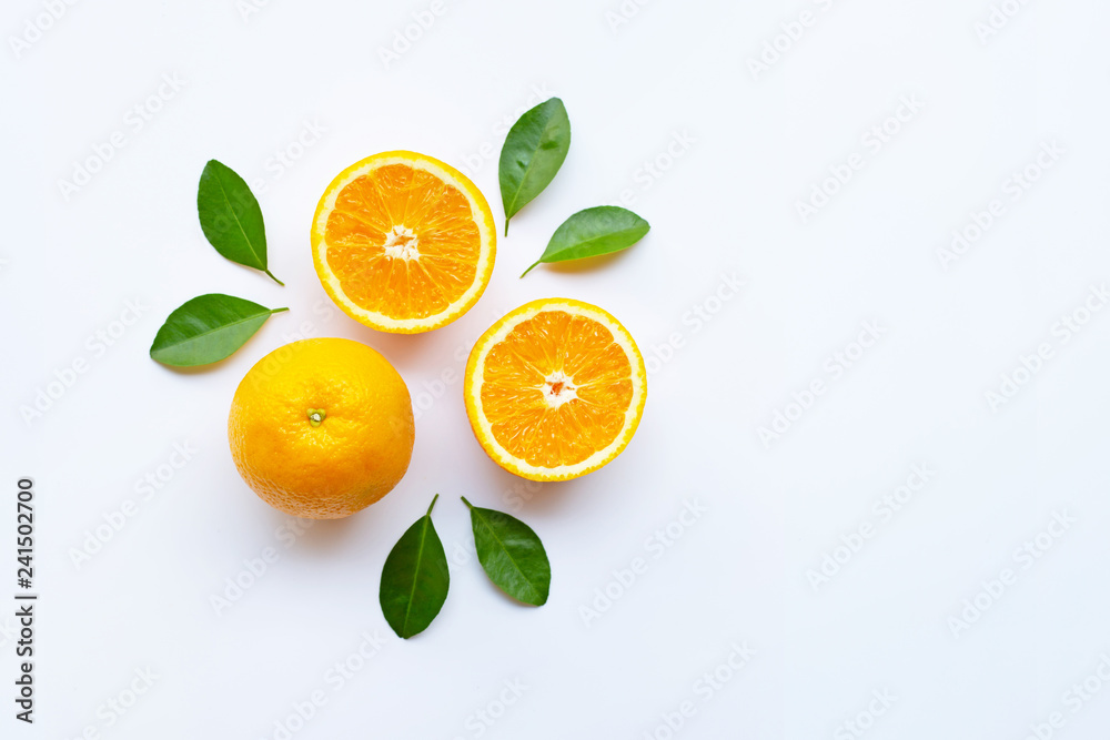 Fresh orange citrus fruits with leaves on white background. Fresh orange citrus fruits with leaves on white background.