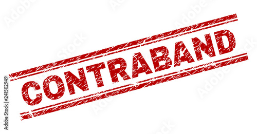 CONTRABAND seal print with grunge effect. Red vector rubber print of CONTRABAND title with grunge texture. Text title is placed between double parallel lines.