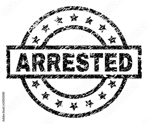 ARRESTED stamp seal watermark with distress style. Designed with rectangle, circles and stars. Black vector rubber print of ARRESTED title with grunge texture.