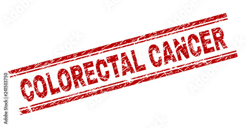 COLORECTAL CANCER seal print with corroded texture. Red vector rubber print of COLORECTAL CANCER text with corroded texture. Text label is placed between double parallel lines.