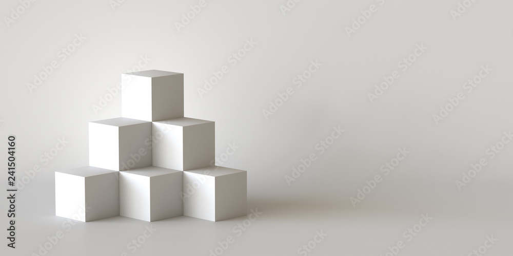 White cube boxes with white blank wall background. 3D rendering. White cube boxes with white blank wall background. 3D rendering.