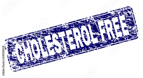 CHOLESTEROL FREE stamp seal print with distress texture. Seal shape is a rounded rectangle with frame. Blue vector rubber print of CHOLESTEROL FREE title with corroded style.