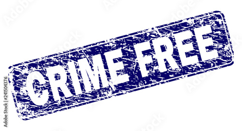CRIME FREE stamp seal print with grunge style. Seal shape is a rounded rectangle with frame. Blue vector rubber print of CRIME FREE label with dirty style.