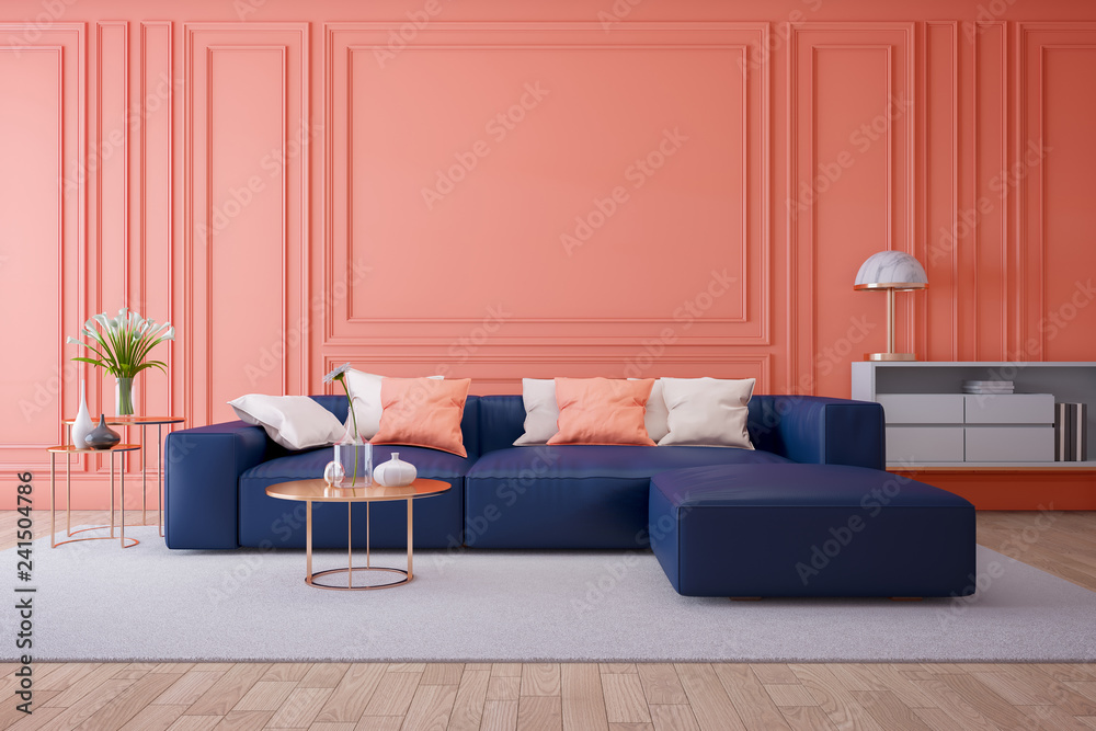 Luxury modern interior of living room ,Living coral decor concept ,blue  navy sofa and gold table with gold lamp on light ping wall and woodfloor  ,3d render Stock Illustration
