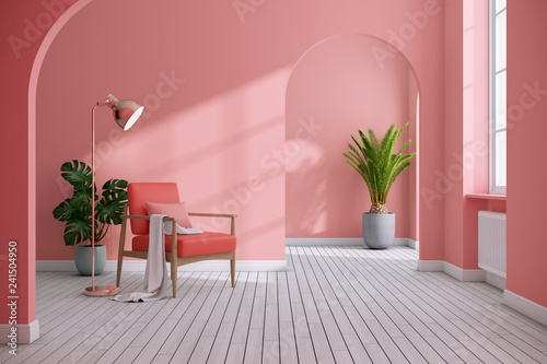 Modern mid century and minimalist interior of living room ,Living coral decor concept,vintage pink armchair with coral wall on white floor ,3d render3d render