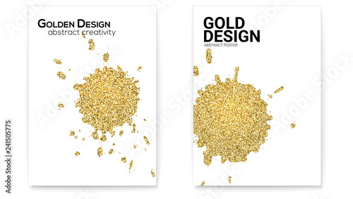 Splashes with glittering effect, golden dust. Set of covers with hand drawn textures. Abstract gold shapes, vector art on white background. Use for posters, invitations, placards, brochures, flyers