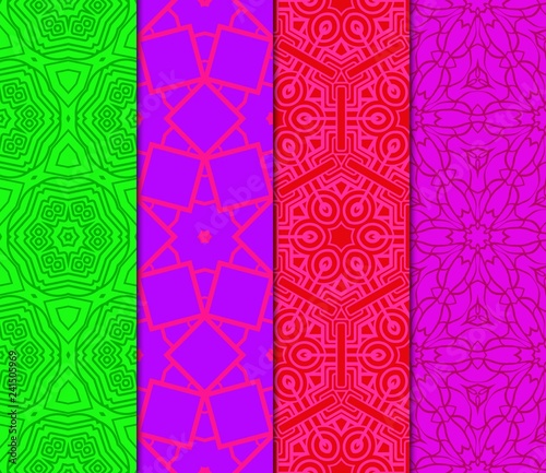 Green, red, purple color set of geometric seamless ornament. Vector illustration © Bonya Sharp Claw