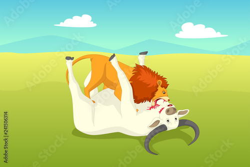Lion Attacking a Buffalo Illustration
