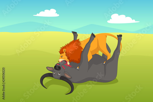 Lion Attacking a Buffalo Illustration