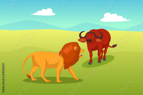 Lion Attacking a Buffalo Illustration