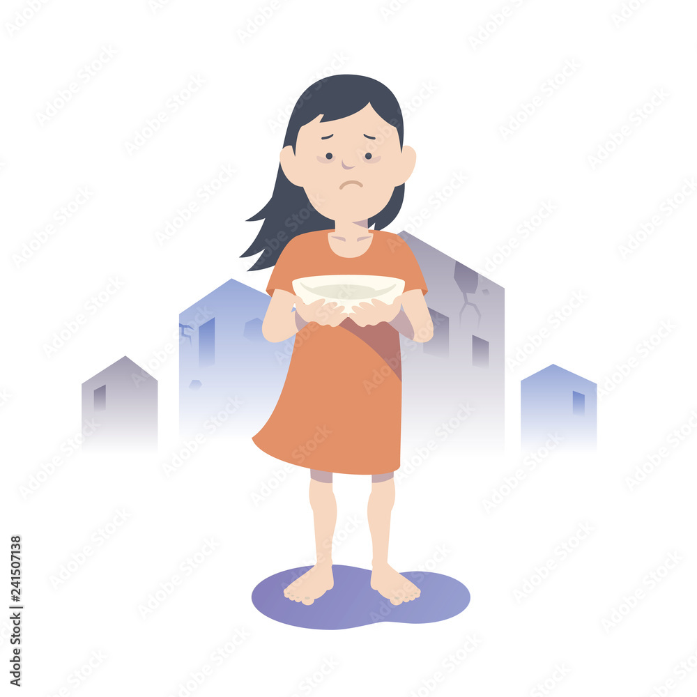 Starving Asian child. Flat vector illustration. Starving Asian child. Flat vector illustration.