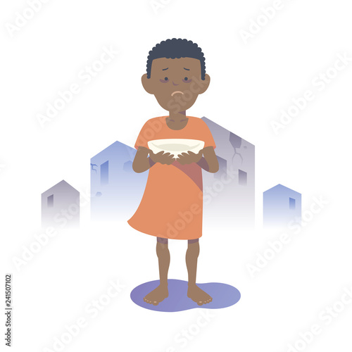 Starving Black child. Flat vector illustration.