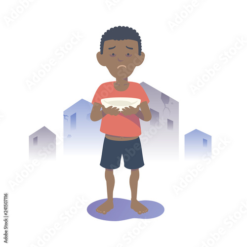 Starving Black child. Flat vector illustration.