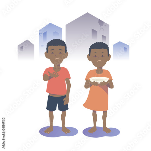 Begging Black boy and girl. Flat vector illustration.