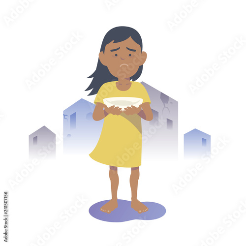 Starving Arab child. Starving Southeast Asian child. Flat vector illustration.