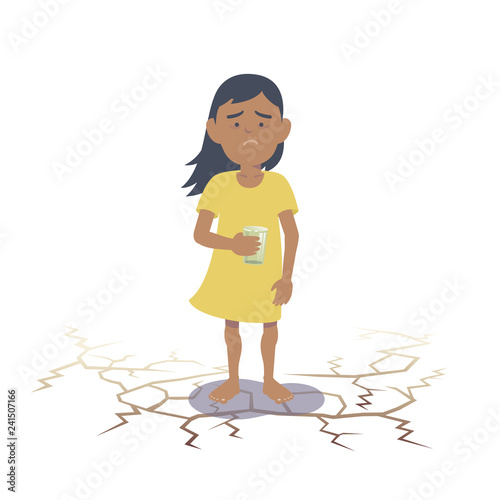 Arab child suffering from lack of water. Southeast Asian child suffering from lack of water. Flat vector illustration.