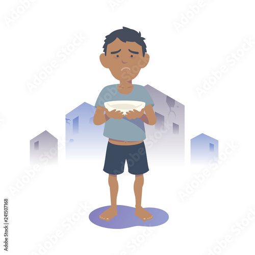 Starving Arab child. Starving Southeast Asian child. Flat vector illustration.