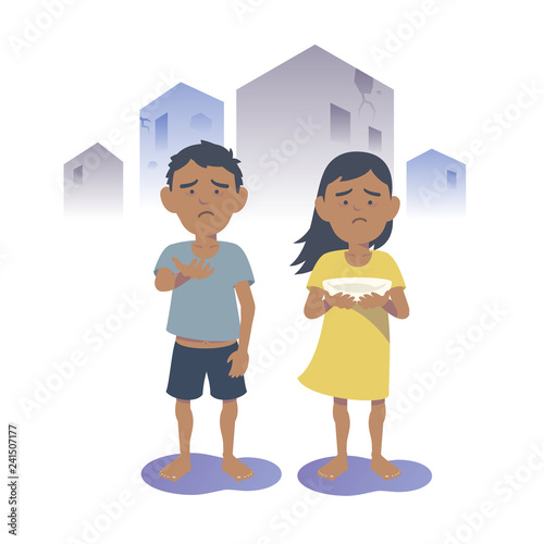 Begging Arabian boy and girl. Begging Southeast Asian boy and girl. Flat vector illustration.