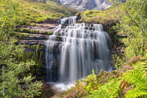 View of lower waterfall on river Allt-na-Dunaiche in the Cuillin Hills on the Isle of Skye in Scottish Highlands