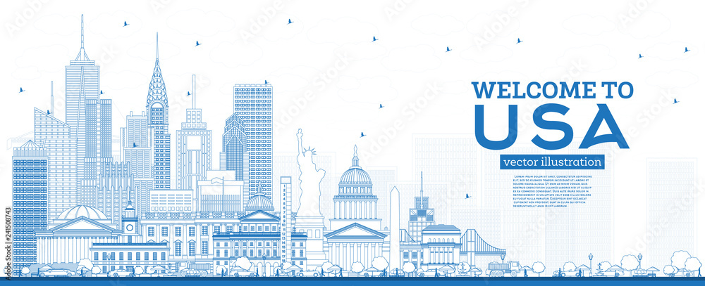 Outline Welcome to USA Skyline with Blue Buildings. Famous Landmarks in USA. Outline Welcome to USA Skyline with Blue Buildings. Famous Landmarks in USA.