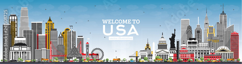 Welcome to USA Skyline with Gray Buildings and Blue Sky. Famous Landmarks in USA.