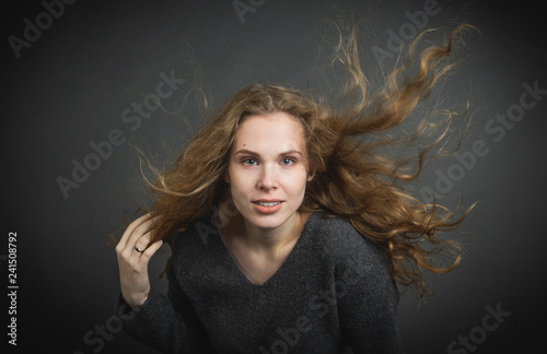 Young woman shampoo hair perfect skin grey background