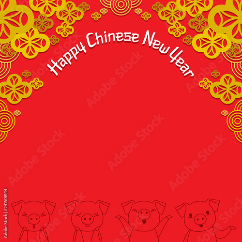 Red Frame Decoration With Flowers And Outline Of Pigs, Happy Chinese New Year, Year Of The Pig, Traditional, Celebration, China, Culture