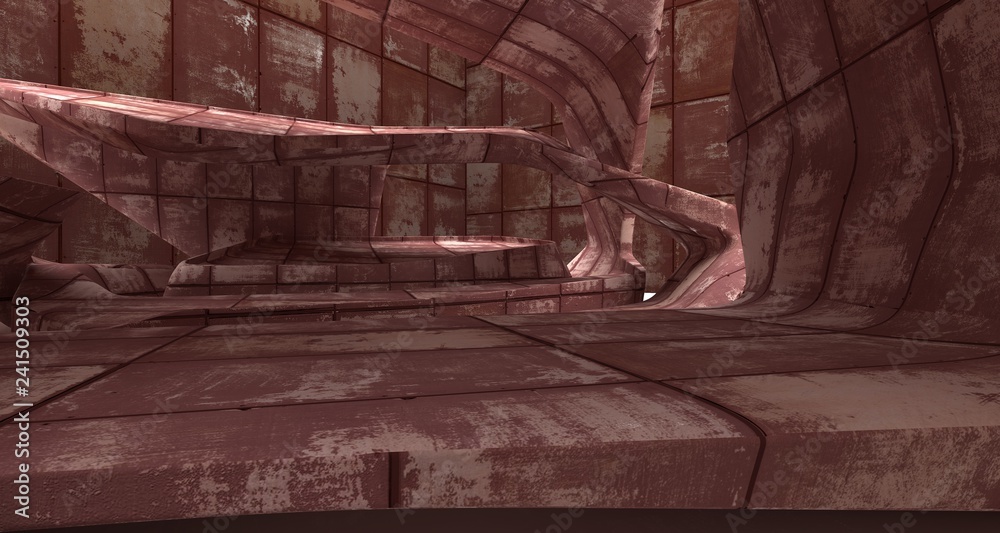 Empty smooth abstract room interior of sheets rusted metal . Architectural background. 3D illustration and rendering Empty smooth abstract room interior of sheets rusted metal . Architectural background. 3D illustration and rendering