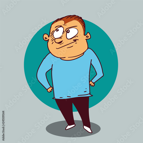 sly boy glimpsing to something and looks like a planning something. freehand drawing cartoon, isolated on light blue background. sketch syle vector illustration.