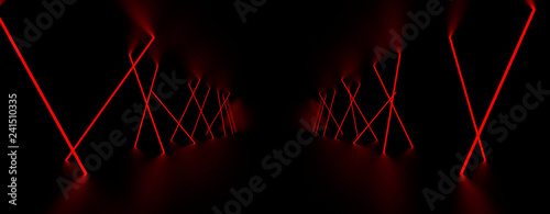 Red laser light glow in the dark room. 3D Illustration. photo