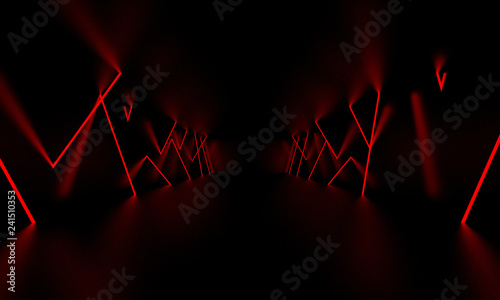 Red laser light glow in the dark room. 3D Illustration. photo