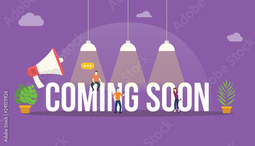 coming soon big word text with people team around the text with big lamp shine