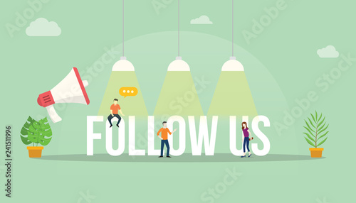 follow us big word with team people office around the text with big lamp shine