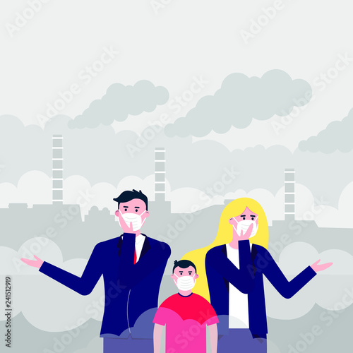 Confused man, woman, kid masks against smog. Fine dust, air pollution, industrial smog protection concept flat style design vector illustration. Industrial plant pipes with huge clouds of smoke behind