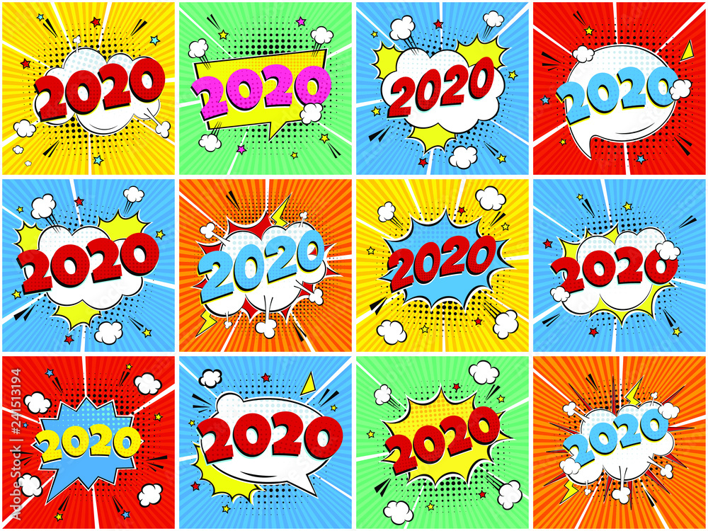 2020 happy new year christmas comic pop art speech bubble set vector illustration. Colorful pop art style sound effect. Halftone, vintage comic sound effects isolated on rays background.