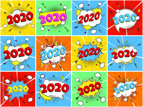 2020 happy new year christmas comic pop art speech bubble set vector illustration. Colorful pop art style sound effect. Halftone, vintage comic sound effects isolated on rays background.