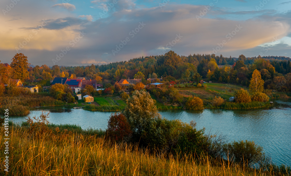 Village located by the lake, panorama.Drawsko Lake District,Poland