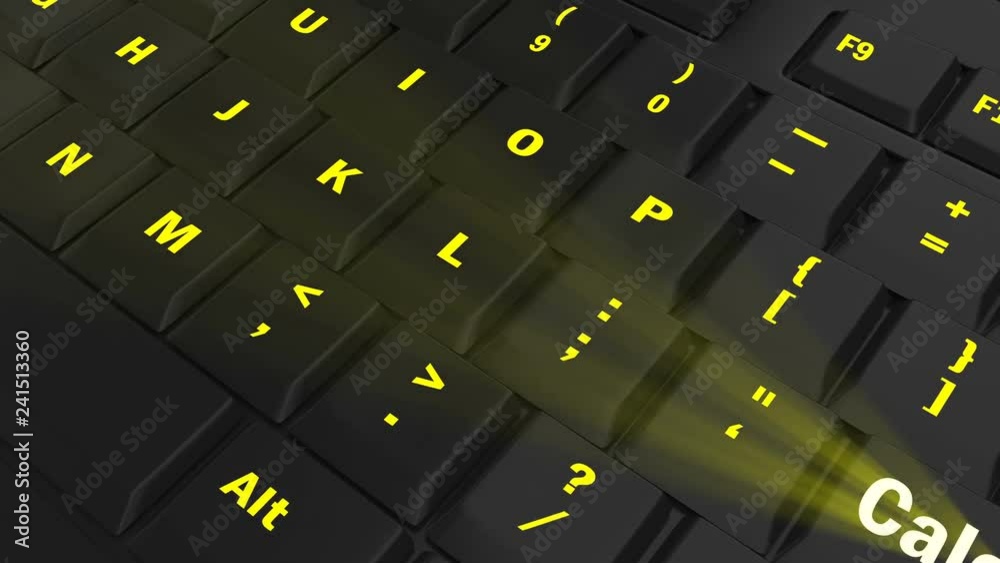 pointing the camera on yellow glowing Calculate key on black computer keyboard pointing the camera on yellow glowing Calculate key on black computer keyboard